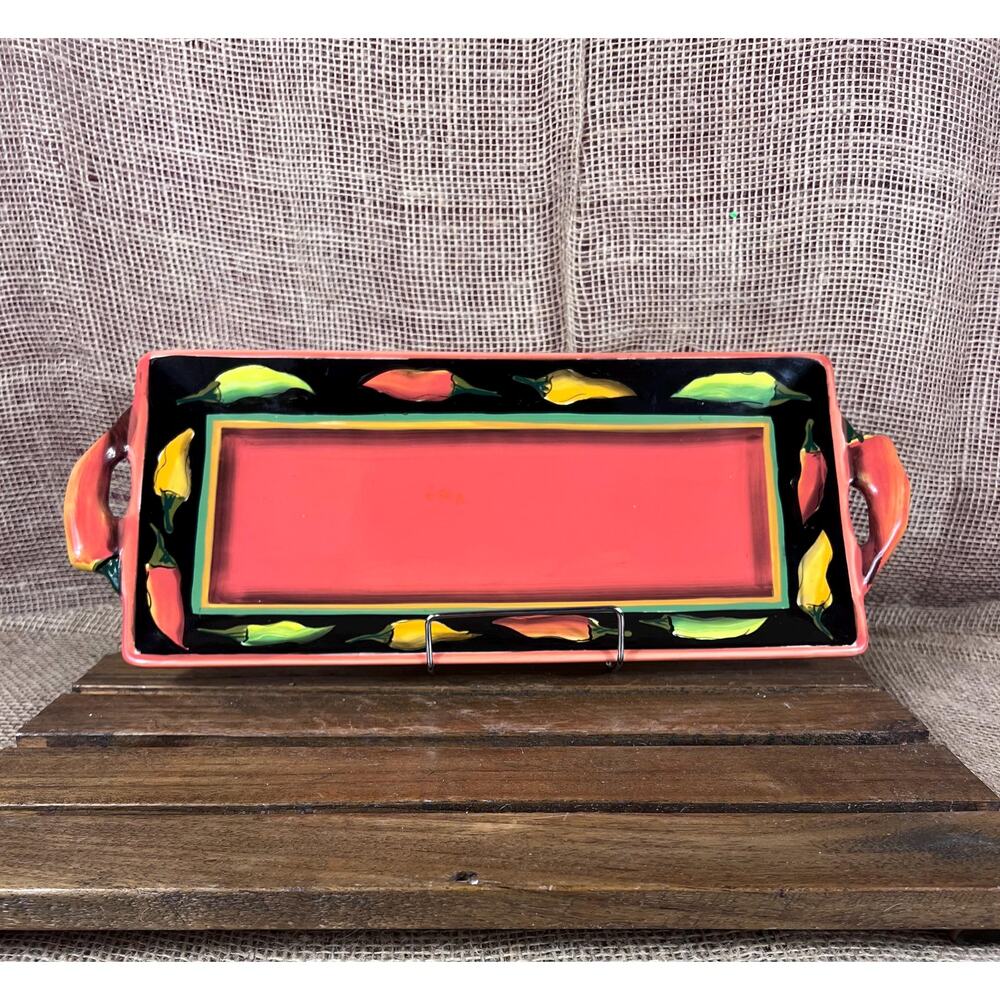 Clay Art Rectangle Jalapeno Hand Painted, Pepper Handled Serving Platter / Tray